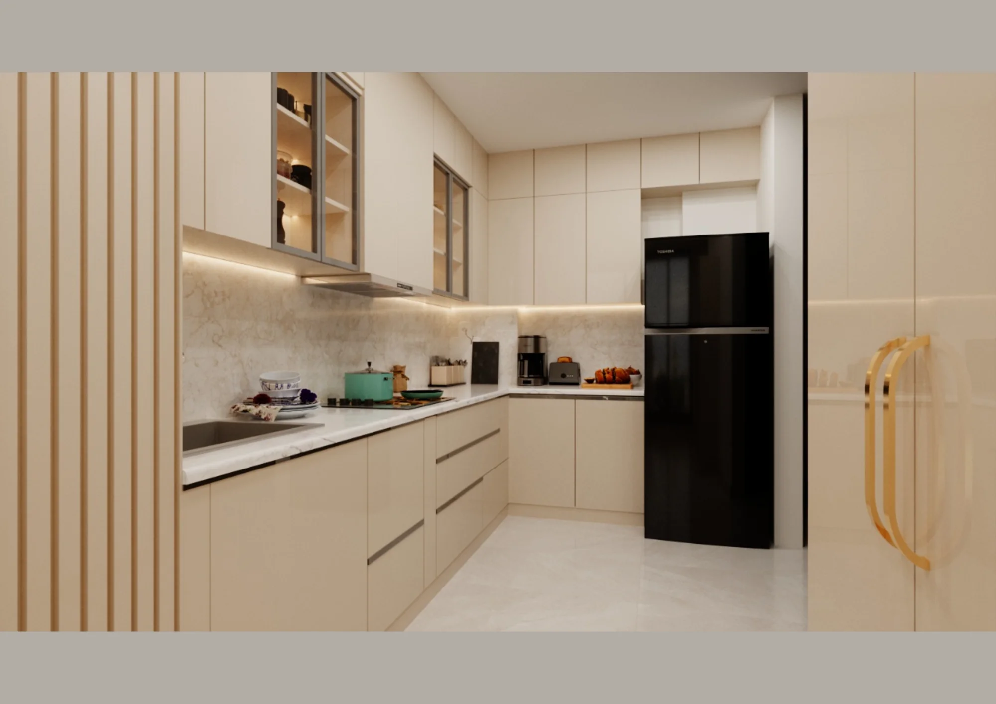 contemporary kitchen interior layout featuring sleek white countertops by SIDEVISION